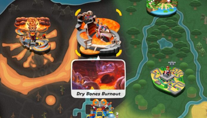 Dry Bones Burnout track in Mario Kart World showing the bone paths, lava lake, and volcanic environment